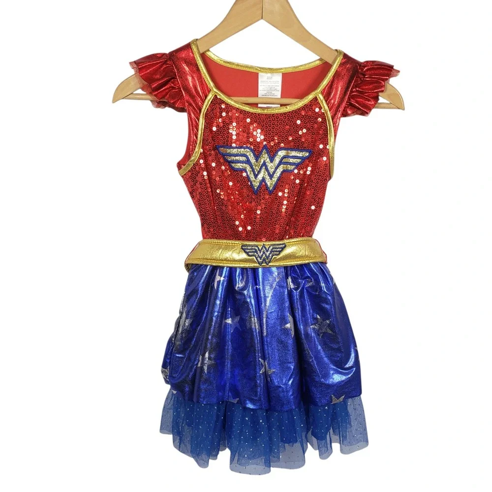 Wonder Woman Dress Up Costume Sparkly Sequin Skirt Girls Size Medium‎ 7-8